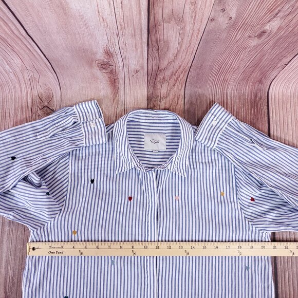 Rails Taylor Blue White Striped Shirt Womens Medium Rainbow Embroidered Hearts - Picture 14 of 15